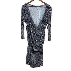 Tori Richard Faux Wrap Dress XL‎ Black White Paisley V-Neck Gathered Waist
